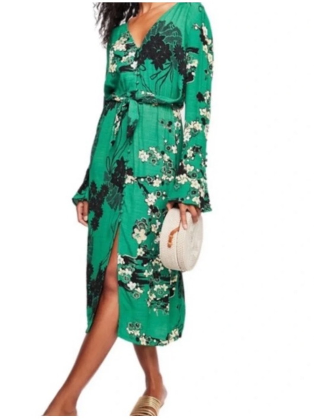 Free People Emerald Floral Wrap Midi Dress
